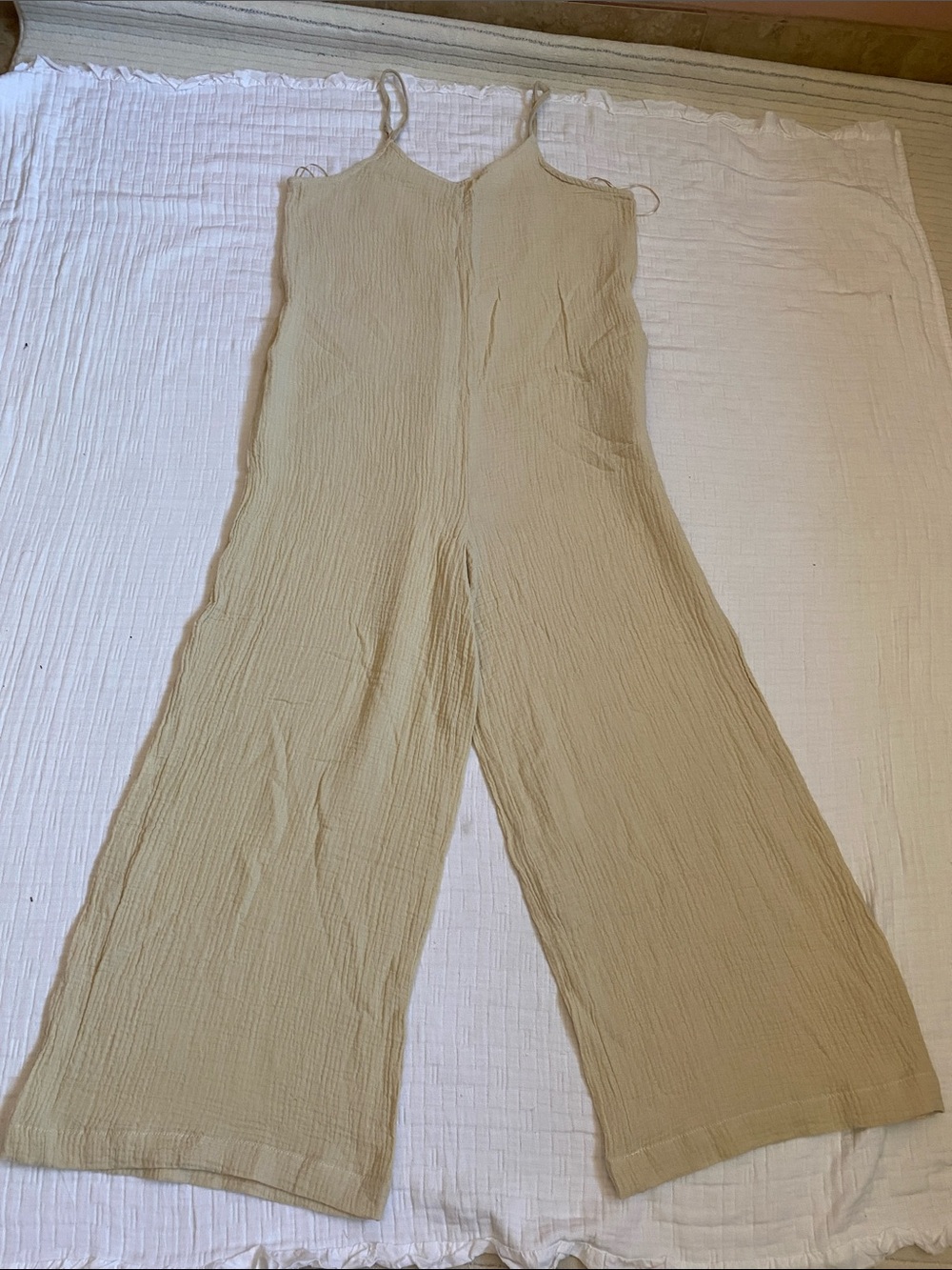 HUNTER & BROWN 100% Cotton Sleeveless Wide-Leg V-Neck Jumpsuit in Light Beige